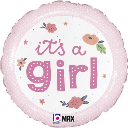 18'' Μπαλόνι It's a Girl Ροζ Πουά με Λουλούδια