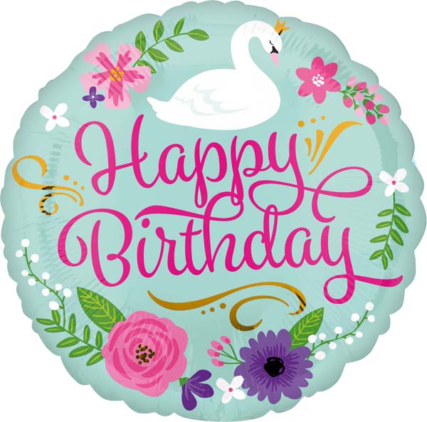 18" Μπαλόνι Happy Birthday φλοράλ κύκνος