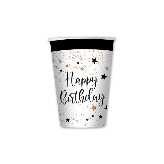 Ποτήρια Χάρτινα 200 ml Happy Birthday / 8 τεμ - Μαύρο Λευκό Χρυσό