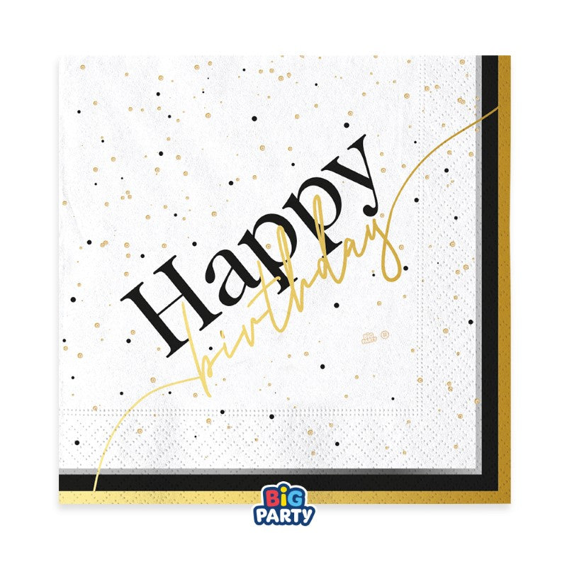 Χαρτοπετσέτες φαγητού 33εκ Happy Birthday /16 τεμ - Λευκό χρυσό μαύρο με Πουά