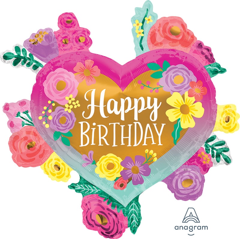Μπαλόνι Φοιλ Καρδιά Happy Birthday με Λουλούδια / 68 x 68 εκ