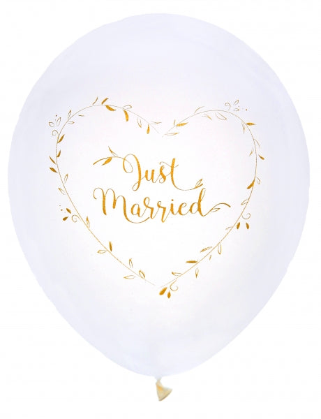 Μεταλλικά Λευκά Λάτεξ Μπαλόνια με χρυσό Just Married / 8 τμχ