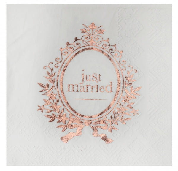 Χαρτοπετσέτες Λευκές Γλυκού με Ρόζ Χρυσό Just Married / 20 τεμ
