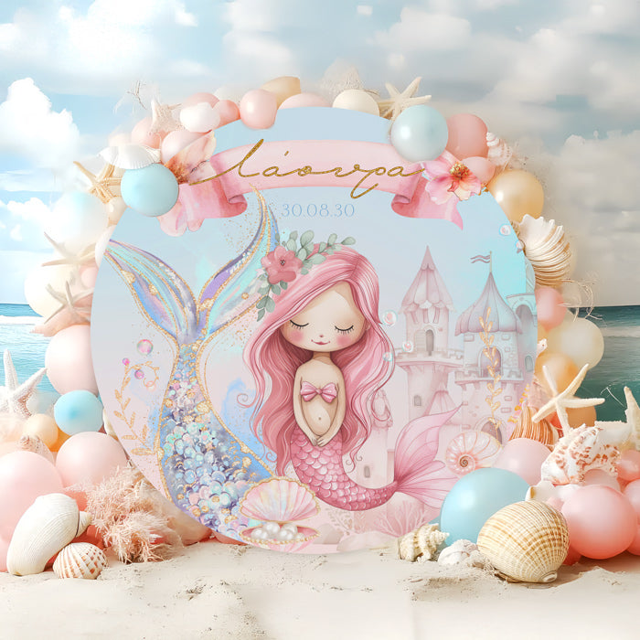 Στρογγυλή αφίσα βάπτισης - Ροζ Γοργόνα 1,30m