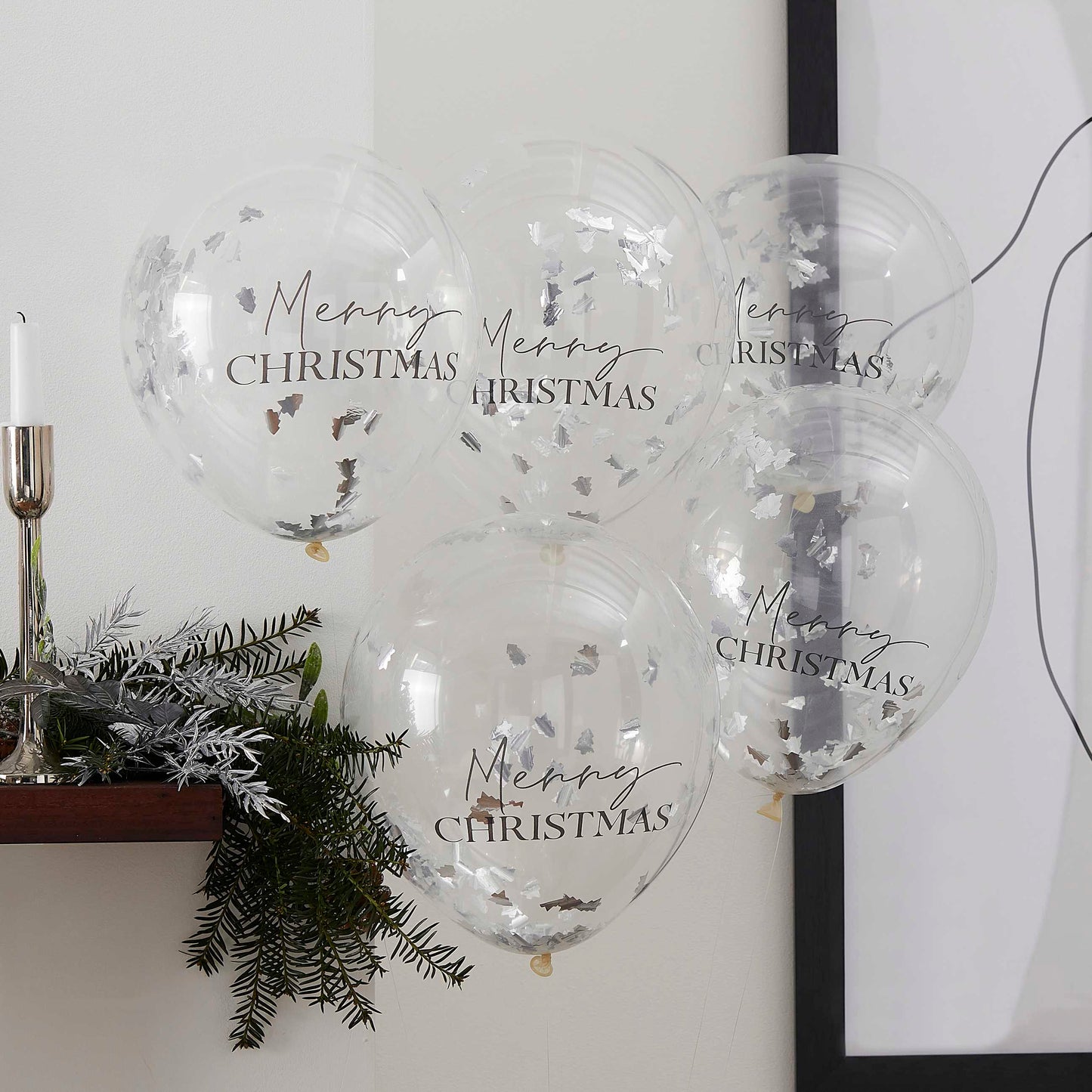 Μπαλόνια Merry Christmas με Ασημί Κομφετί σε Σχήμα Δενδράκι / 5 τεμ