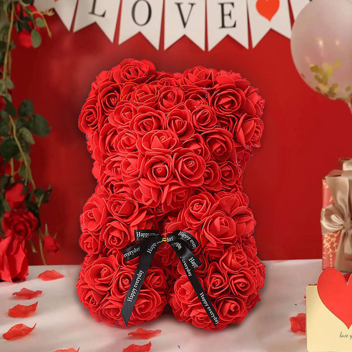 Αρκουδάκι από Τεχνητά Τριαντάφυλλα Κόκκινο