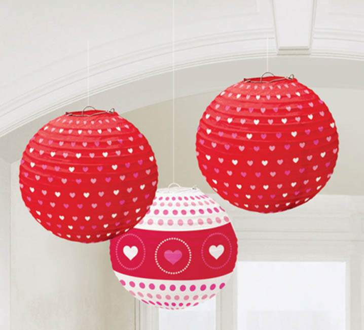 Χάρτινα φαναράκια Κόκκινα με καρδιές (3 τεμ)