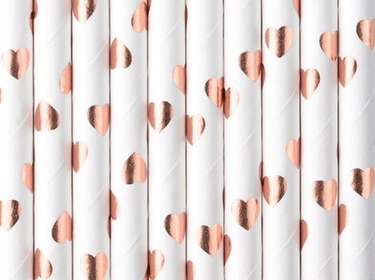 Rosegold Καλαμάκια με πουά καρδιές(10 τεμ)