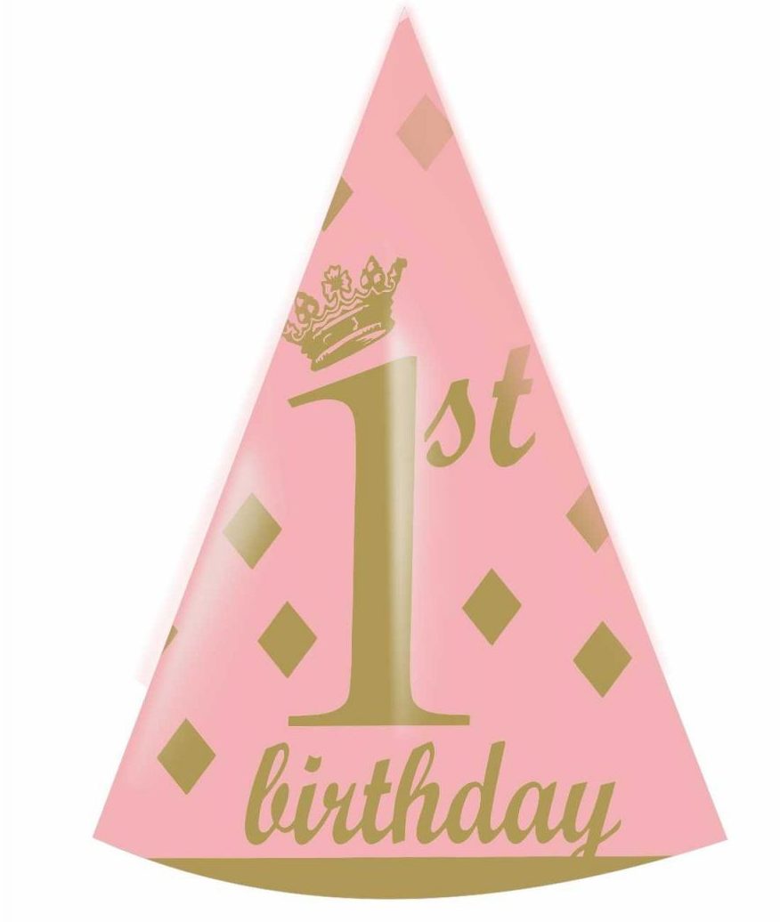 Καπελάκι πάρτυ "1st Birthday" ροζ και χρυσό (4 τεμ)