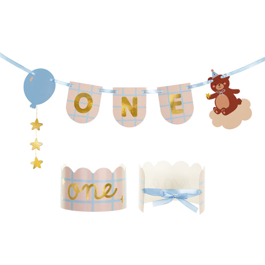 Σετ Γιρλάντα και Στέμμα 1st Birthday Αρκουδάκι (2 τεμ)