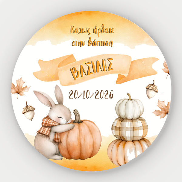 Στρογγυλή Αφίσα Βάπτισης Κολοκύθα με Λαγουδάκι