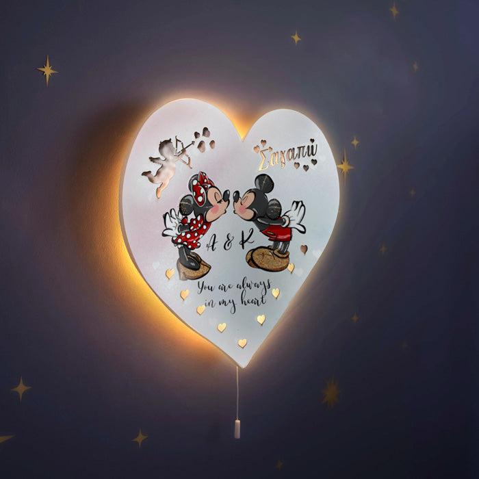 Ξύλινο Φωτιστικό καρδιά - Mickey & Minnie