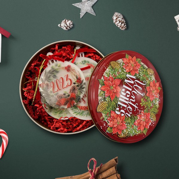 Χριστουγεννιάτικο κουτί με 4 plexi στολίδια Ευχές