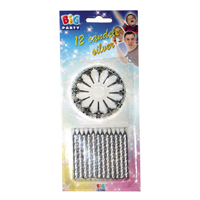 12 Κεριά Ασημί με Στήριγμα Silver Candles / 8 εκ