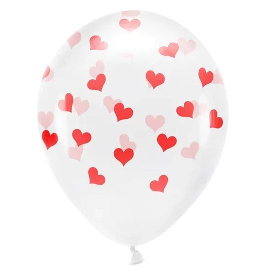13" Διάφανα μπαλόνια με κόκκινες καρδιές (6 τεμ)
