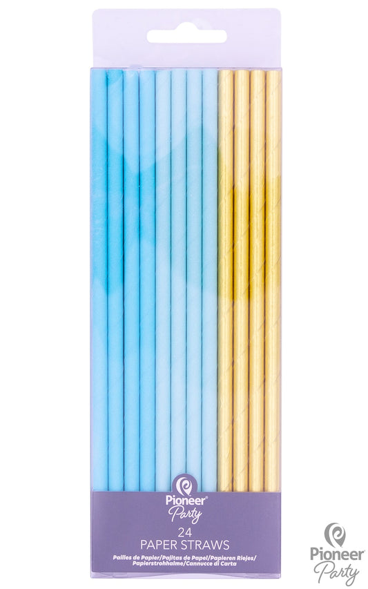 Καλαμάκια Χάρτινα Σιέλ & Χρυσό 19 εκ / 24 τεμ