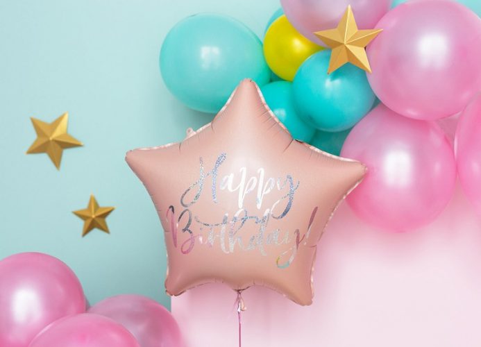 18" Μπαλόνι Αστέρι Happy Birthday Ροζ της Πούδρας