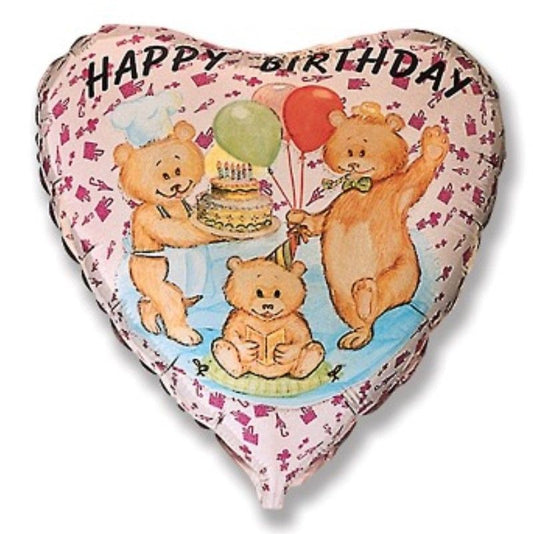 Μπαλόνι Φοιλ 18 Καρδιά Ροζ Happy Birthday με Αρκουδάκια / 46 εκ