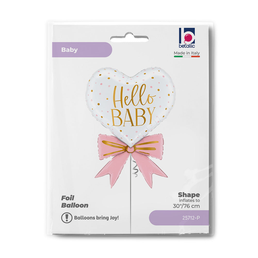 30" Μπαλόνι Καρδιά με Ροζ Φιόγκο - Hello Baby