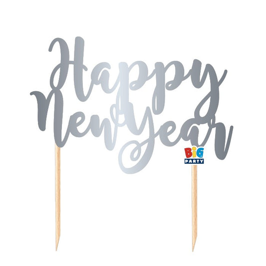 Διακόσμηση Τούρτας Ασημί - Cake Topper Italic Happy New Year cm. 8 x 16