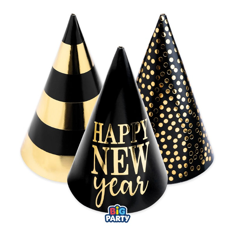 Καπελάκια Χάρτινα Χρυσό & Μαύρο Ασορτί - Happy New Year / 6 τεμ