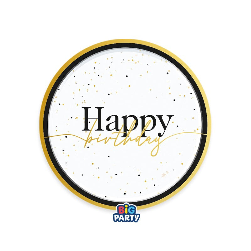 Πιάτα Γλυκού 18εκ Happy Birthday /6 τεμ - Λευκό χρυσό μαύρο με Πουά