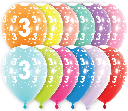 Μπαλόνια Λάτεξ 11 Νούμερο 3 με Αστέρια Ασορτί / 6 τμχ