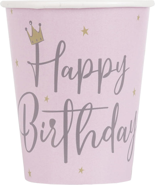 Ποτήρια Χάρτινα Ροζ με στέμα  266ml Happy Birthday /8 τεμ