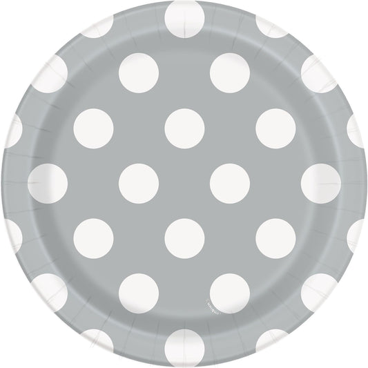 Πιάτα Γλυκού 18εκ. Ασημί με Λευκά Πουά / 8 τμχ