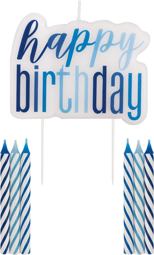 Κερί  Happy Birthday & 6 κεράκια σε  Μπλε, Τυρκουαζ & Σιέλ / 7 τεμ