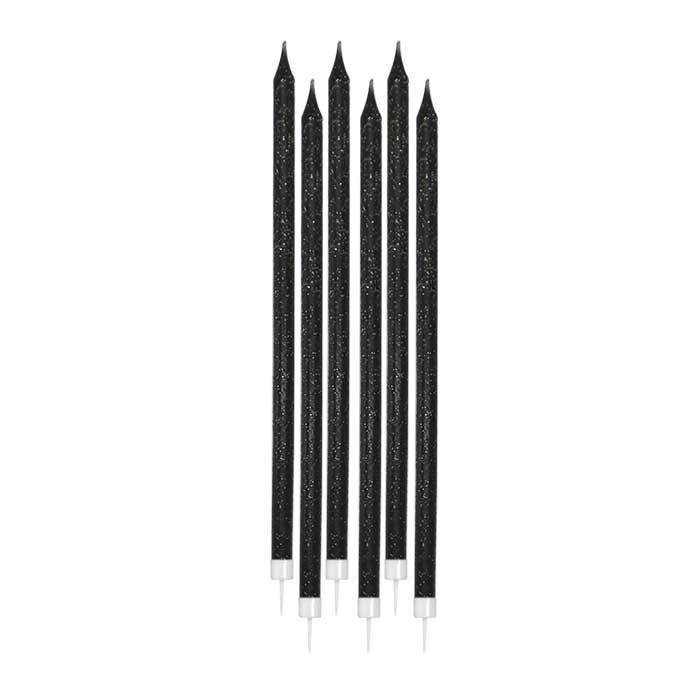 12 Κεριά Glitter Black / Μαύρο / 15 εκ