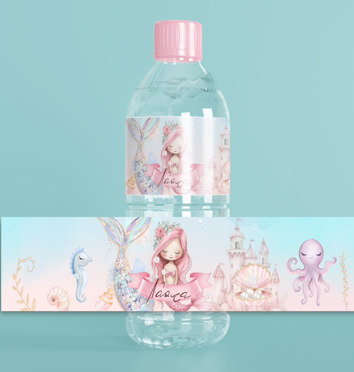 Ετικέτες για μπουκάλια νερού - Ροζ Γοργόνα (8 τεμ)