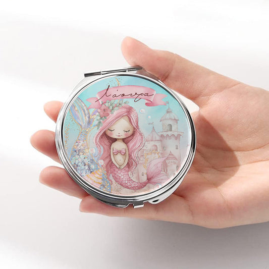 Καθρεφτάκι Ροζ Γοργόνα Ασημί Στρογγυλό