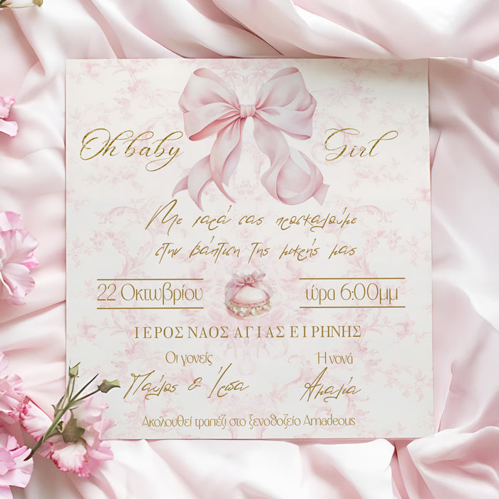 Προσκλητήριο Βάπτισης - Ροζ Φιόγκος