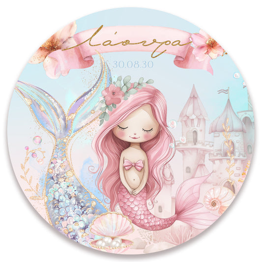 Στρογγυλή αφίσα βάπτισης - Ροζ Γοργόνα 1,30m