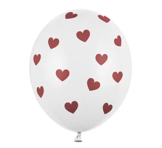 Άσπρα Μπαλόνια με κόκκινες Καρδιές (6 τεμ)