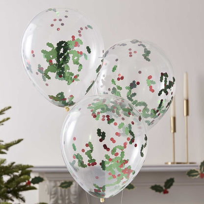 Διάφανα Μπαλόνια ‘Holly And Berries’ με κομφετί (5τεμ)