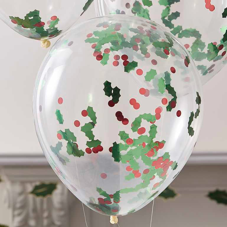 Διάφανα Μπαλόνια ‘Holly And Berries’ με κομφετί (5τεμ)
