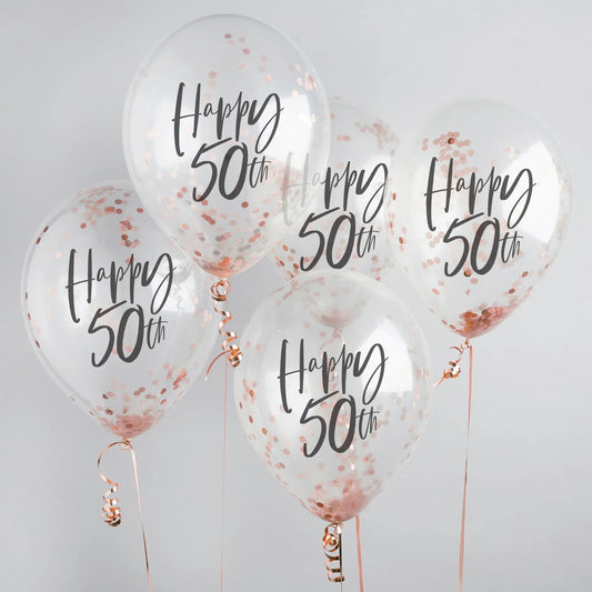 Διάφανα Μπαλόνια 'Happy 50th' με rosegold κομφετί (5 τεμ)
