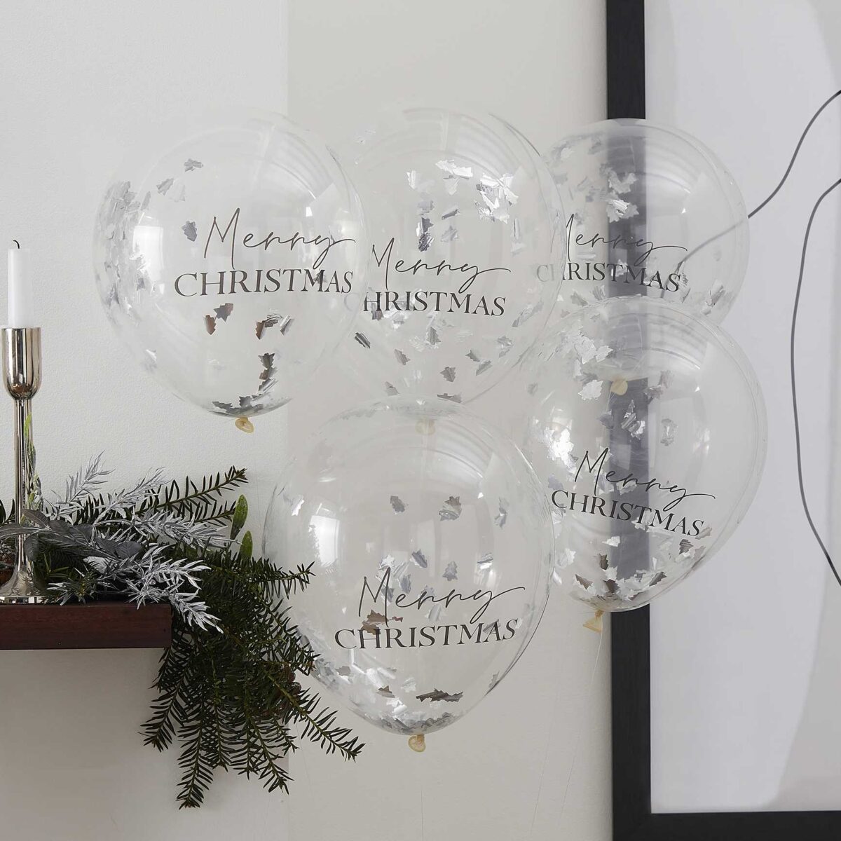 Διάφανα Μπαλόνια Merry Christmas με ασημί κομφετί (5τεμ)