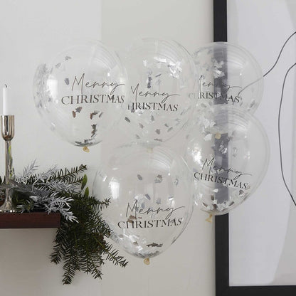 Διάφανα Μπαλόνια Merry Christmas με ασημί κομφετί (5τεμ)