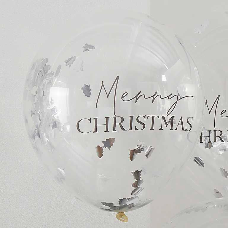 Διάφανα Μπαλόνια Merry Christmas με ασημί κομφετί (5τεμ)