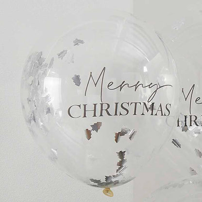 Διάφανα Μπαλόνια Merry Christmas με ασημί κομφετί (5τεμ)