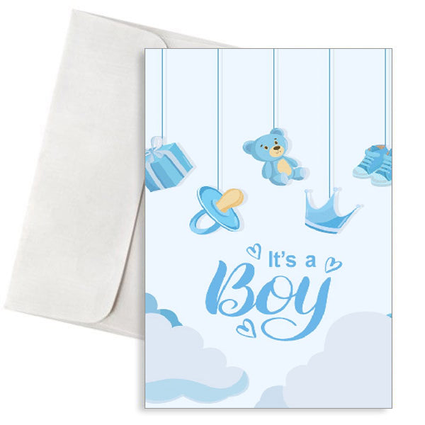 Ευχετήρια Κάρτα Γέννησης Αγοριού - Αρκουδάκι & Σύννεφα "It's a Boy!"
