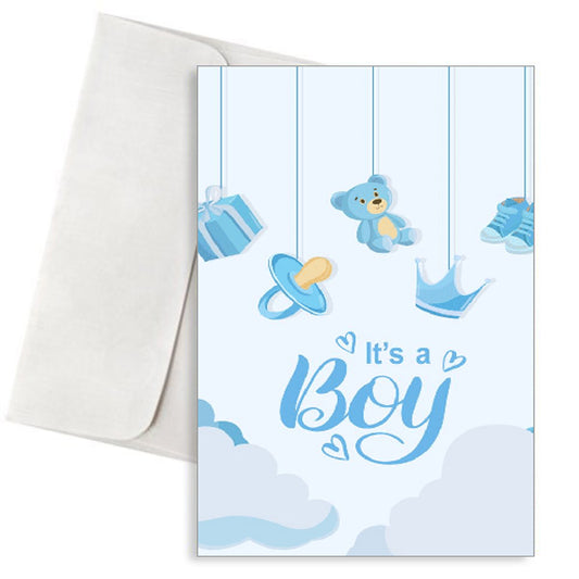 Ευχετήρια Κάρτα Γέννησης Αγοριού - Αρκουδάκι & Σύννεφα "It's a Boy!"