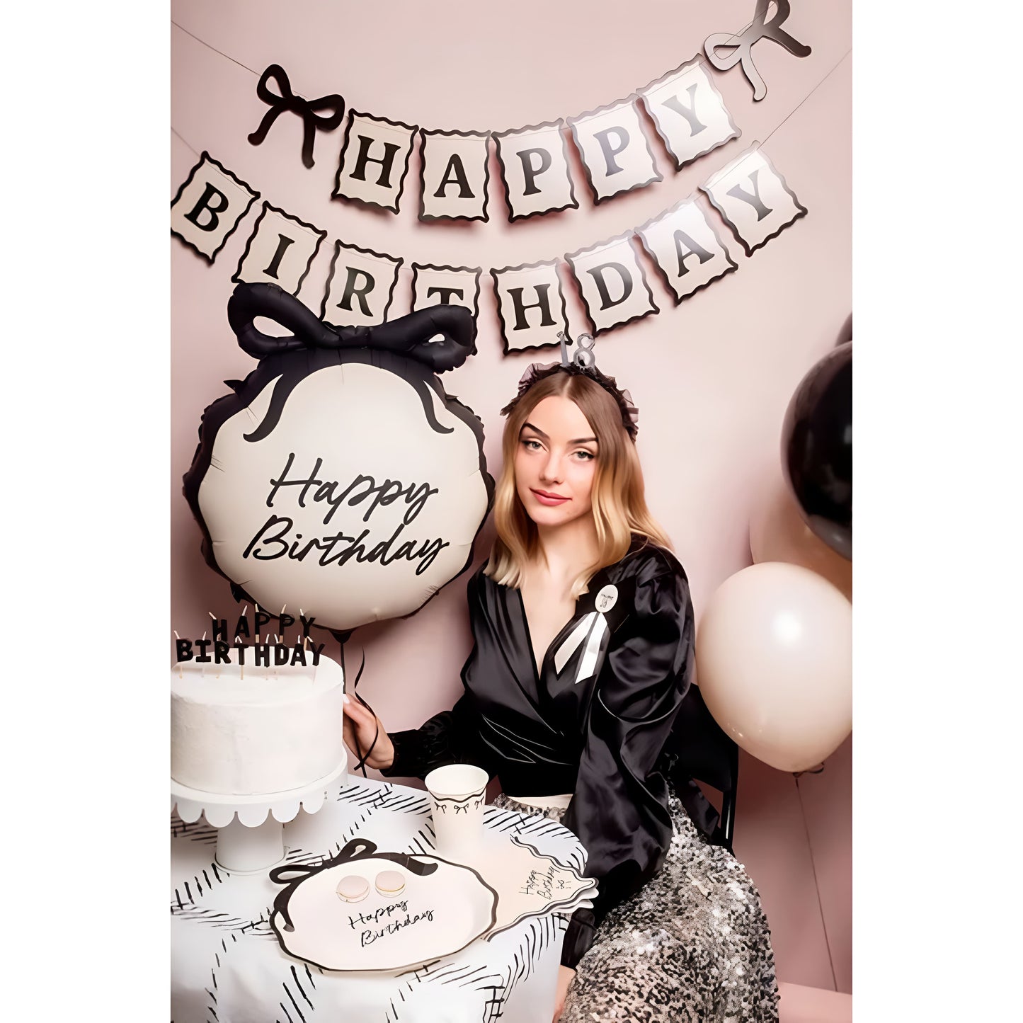 Γιρλάντα Happy Birthday - Μαύροι Φιόγκοι (1m)