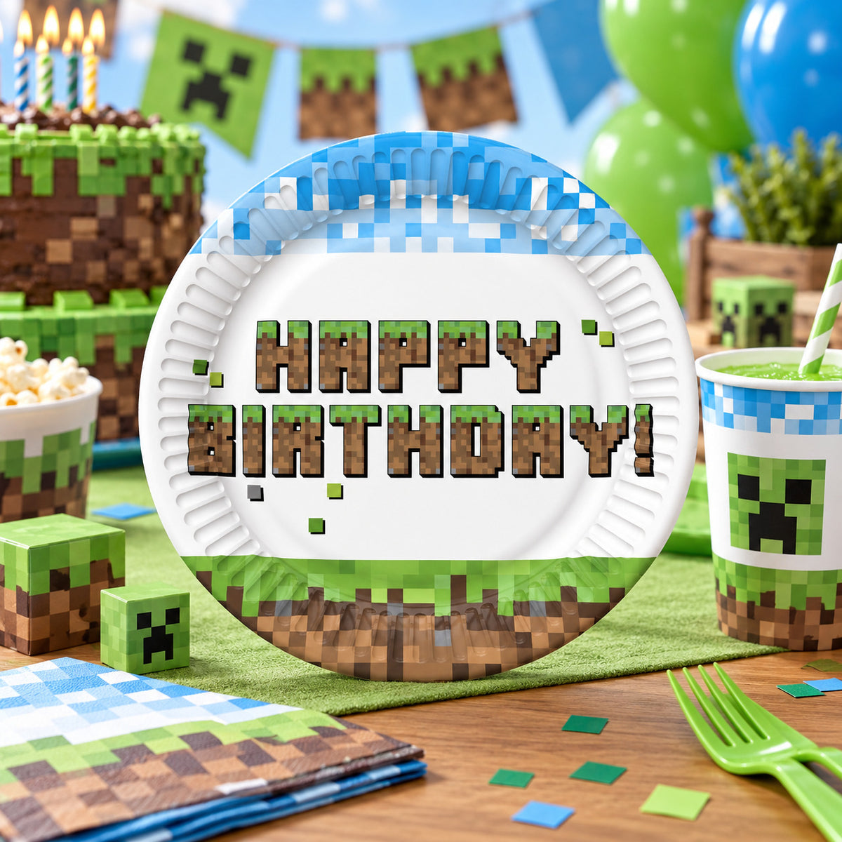 Πιάτα γλυκού Happy Birthday - Pixel Block (8 τεμ)