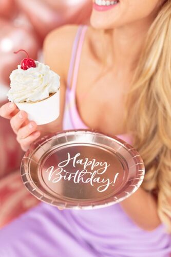Πιάτα γλυκού Happy Birthday rosegold (6 τεμ)