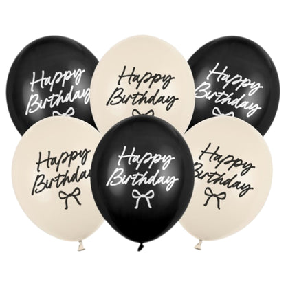 Μπαλόνια Happy Birthday με φιογκάκια Μαύρα & Nude (6 τεμ)