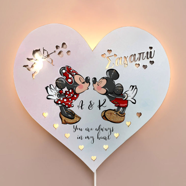 Ξύλινο Φωτιστικό καρδιά - Mickey & Minnie